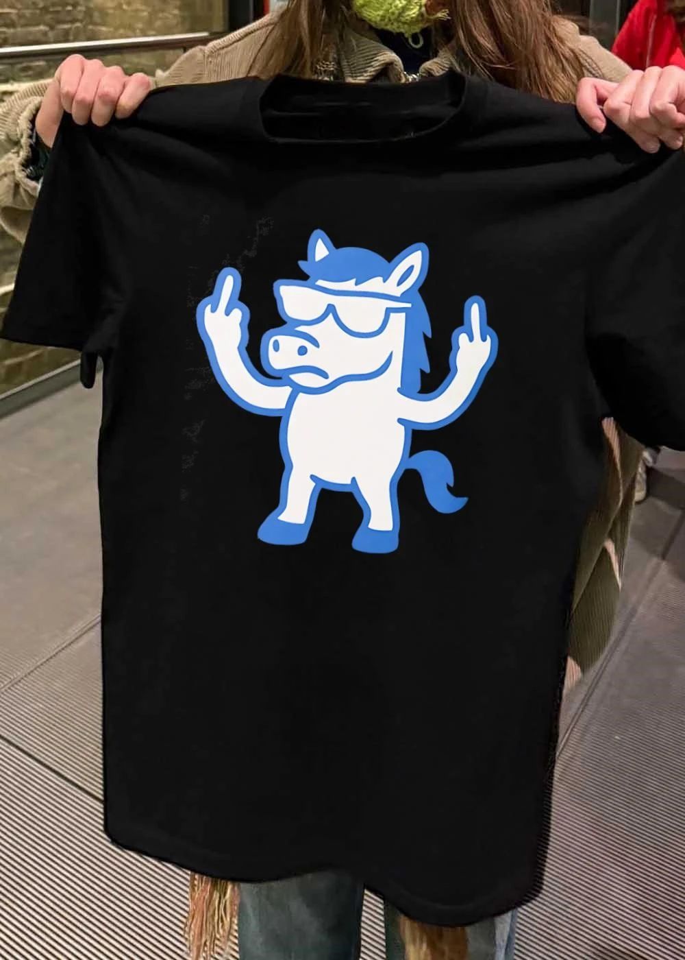 Edgy Horse Giving the Middle Finger Blue and White Graphic shirt