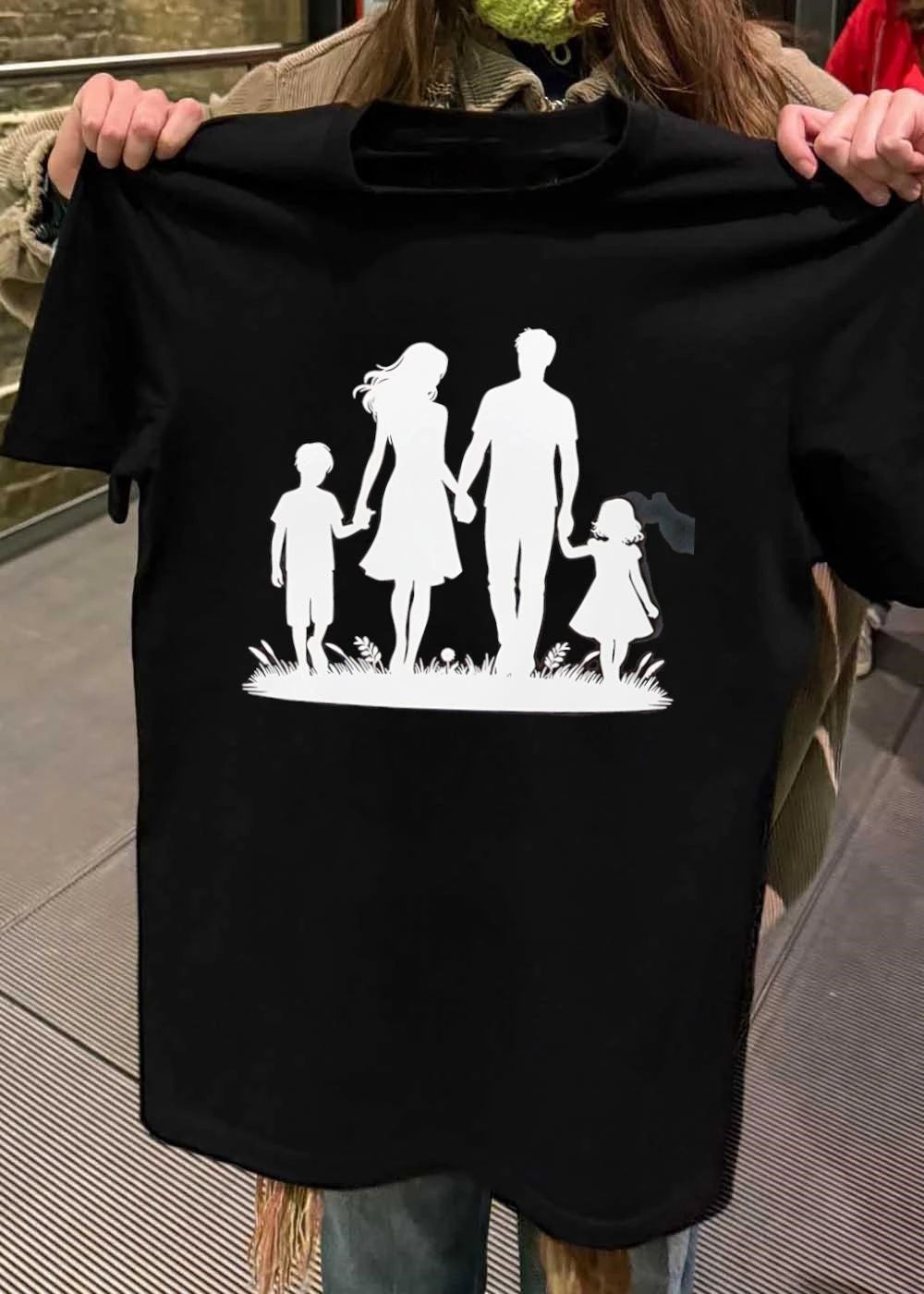 Family Silhouette Walking Through Grass Mother Father Son Daughter T-Shirt