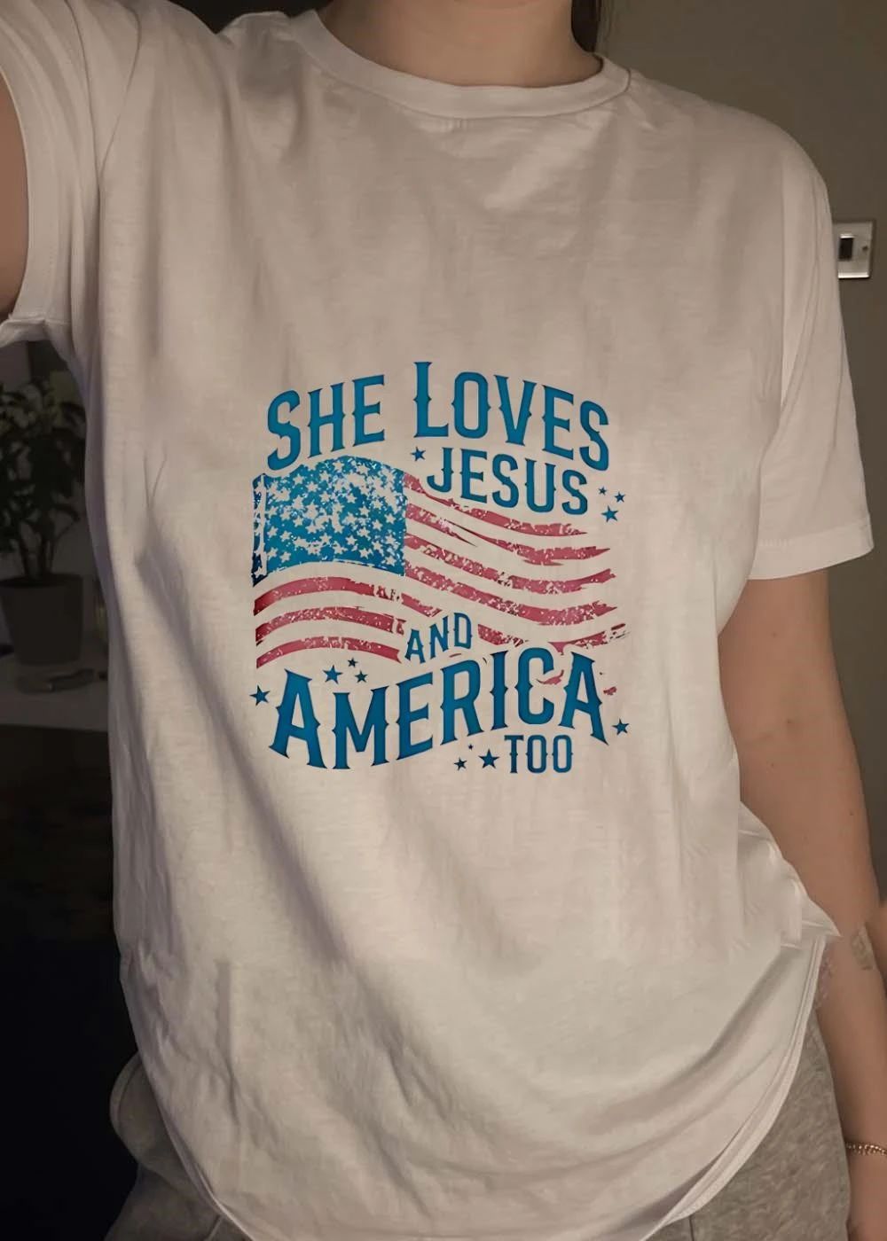 She Loves Jesus and America Too Patriotic Women’s T-Shirt