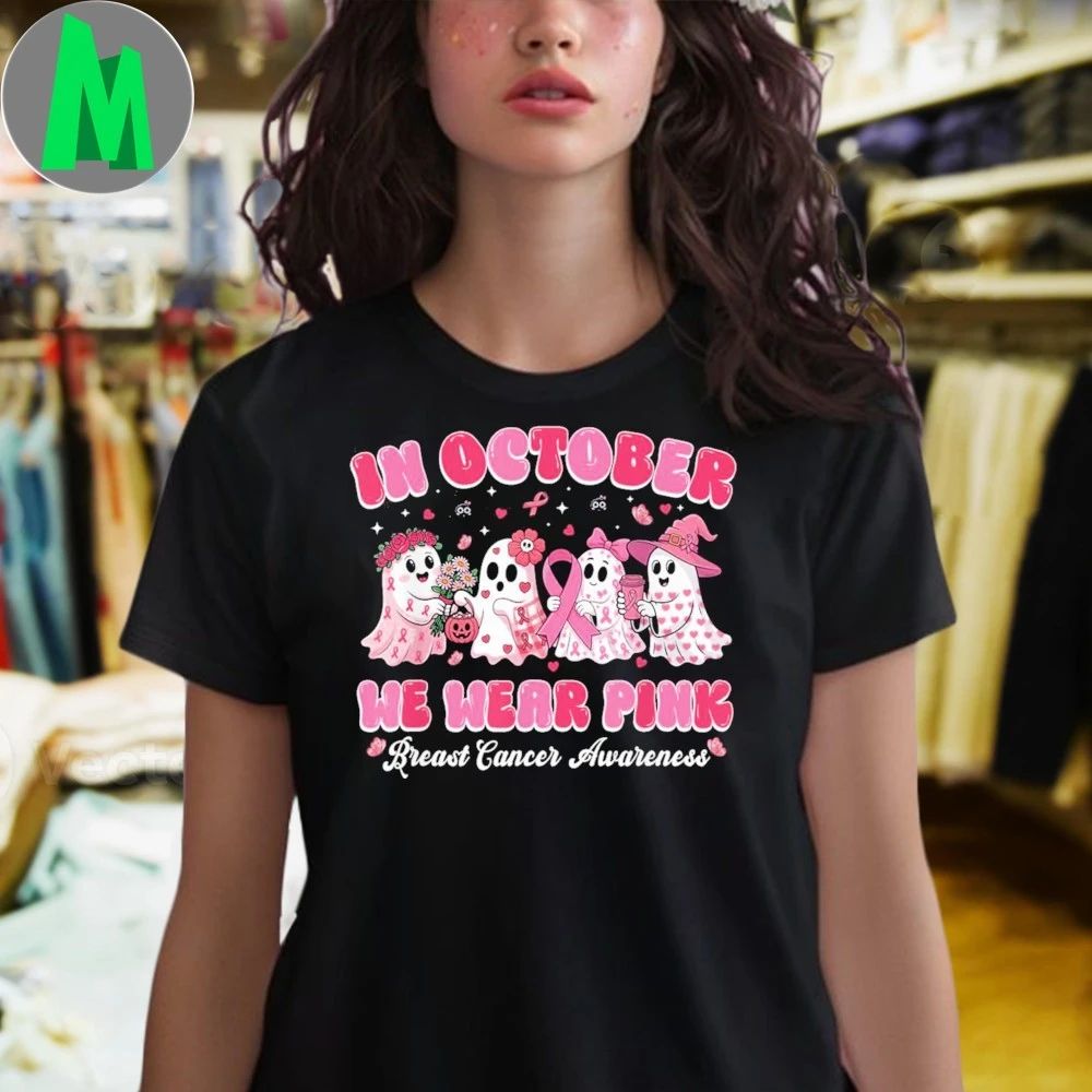 In October We Wear Pink Ghost Breast Cancer Halloween Shirt