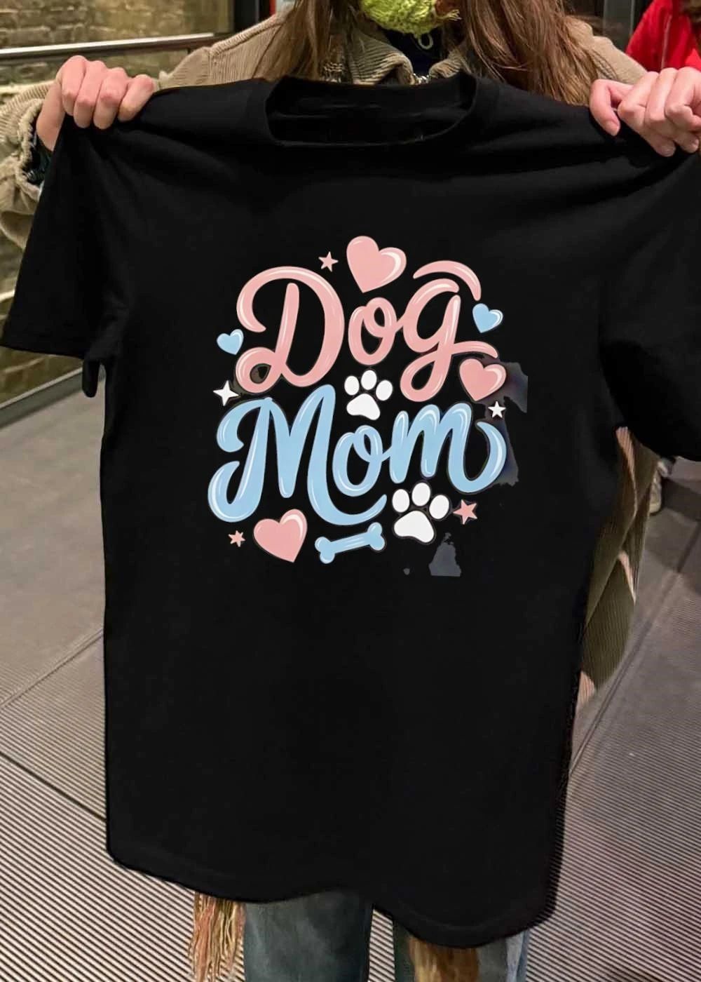 Dog Mom Cute Hearts Paw Prints Stars Bone Design T-Shirt