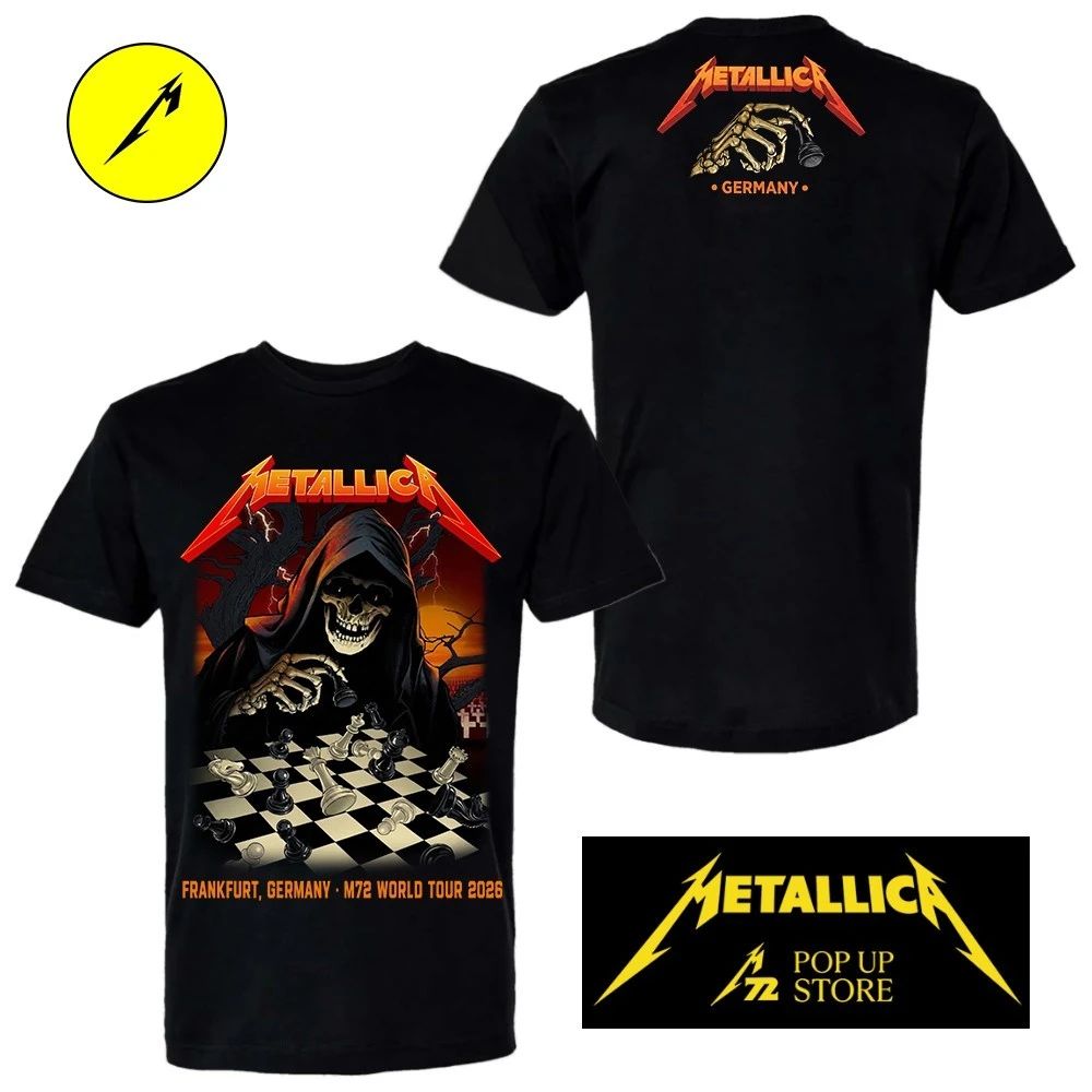Metallica M72 Frankfurt 2026 Pop-Up Shop T-Shirt – Grim Reaper playing chess Design at Deutsche Bank Park, Germany (May 22 and 24, 2026)
