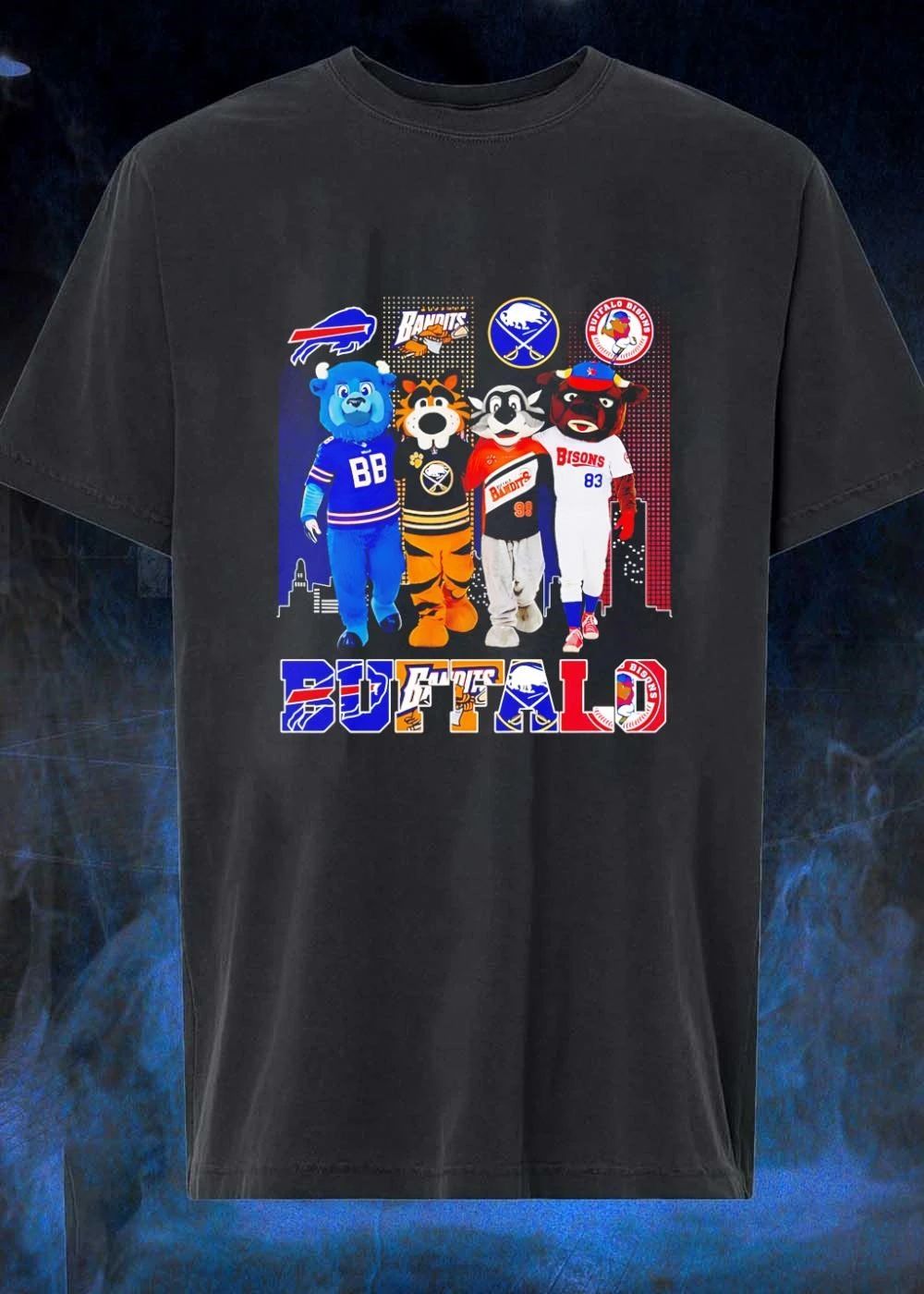 Buffalo Teams Mascots Billy Buffalo Sabretooth Buster Bison City Skyline T-Shirt