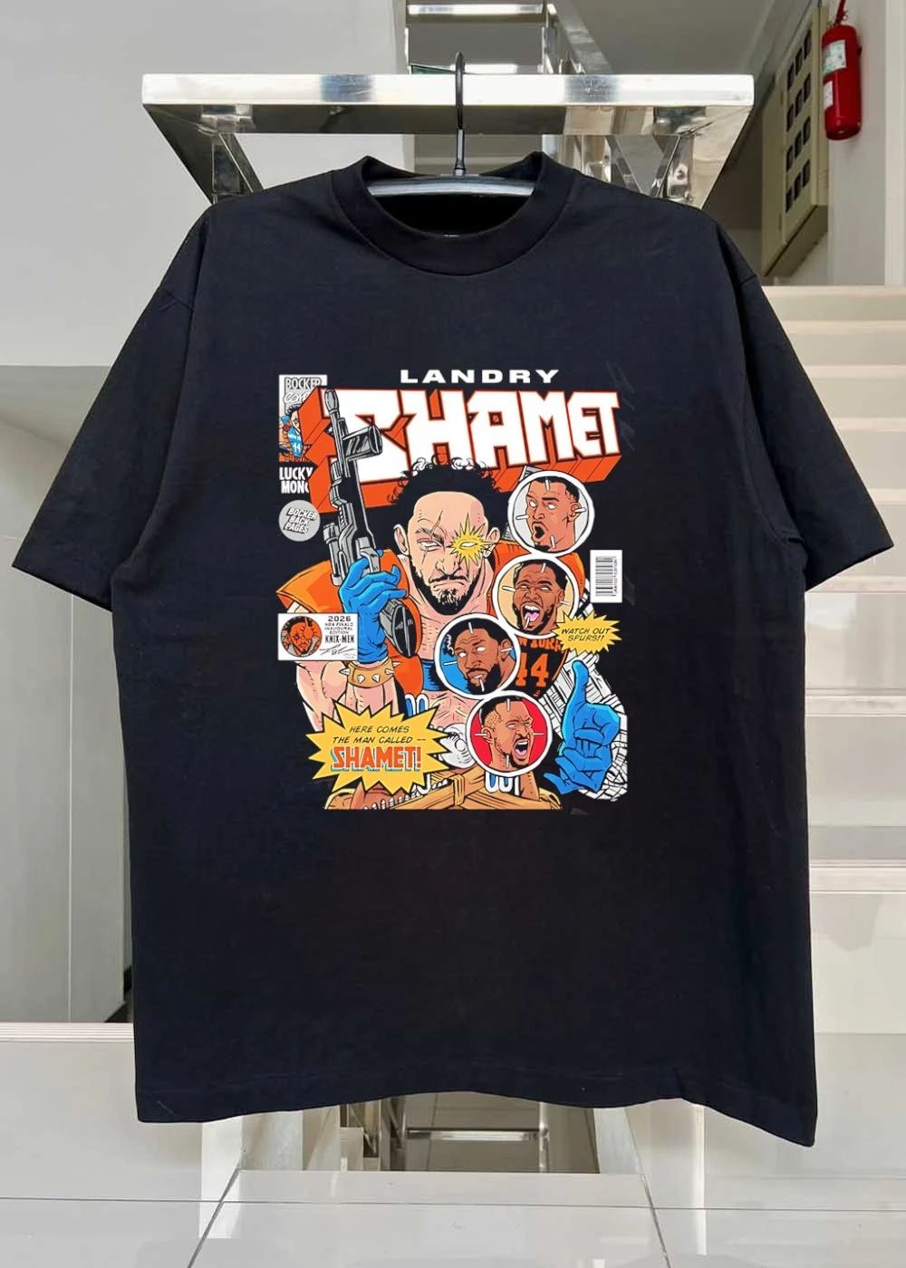 Bocker Comics Landry Shamet Holding Gun Knix-Men 2026 NBA Finals Watch Out Spurs T-Shirt