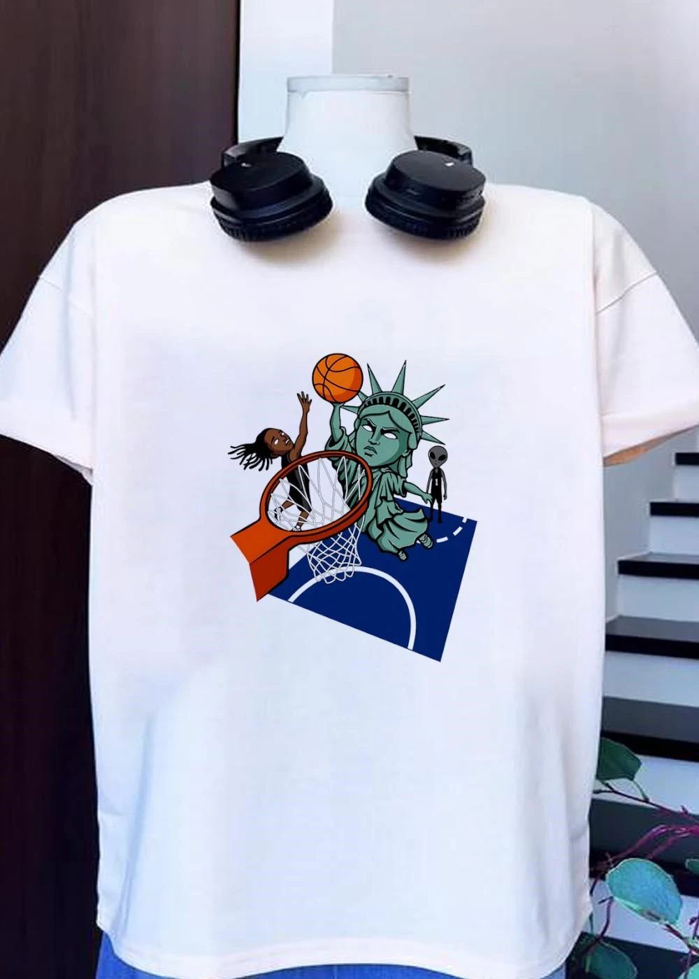Joe Maracic Statue of Liberty Playing Basketball with Alien and Athlete T-Shirt
