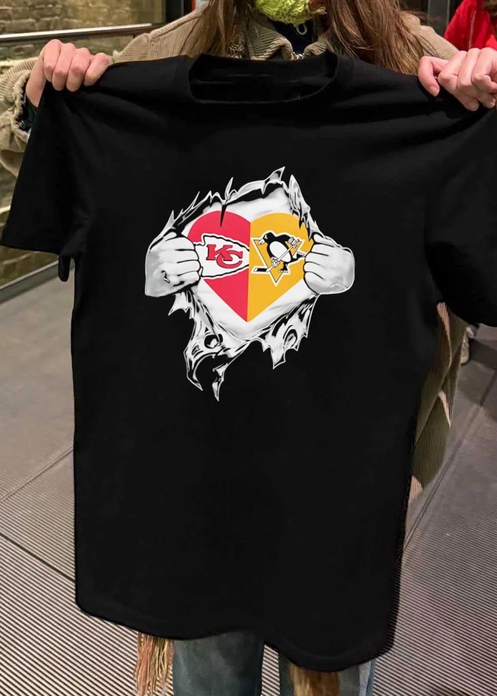 Heart KC Chiefs Pittsburgh Penguins Ripping Chest T-Shirt