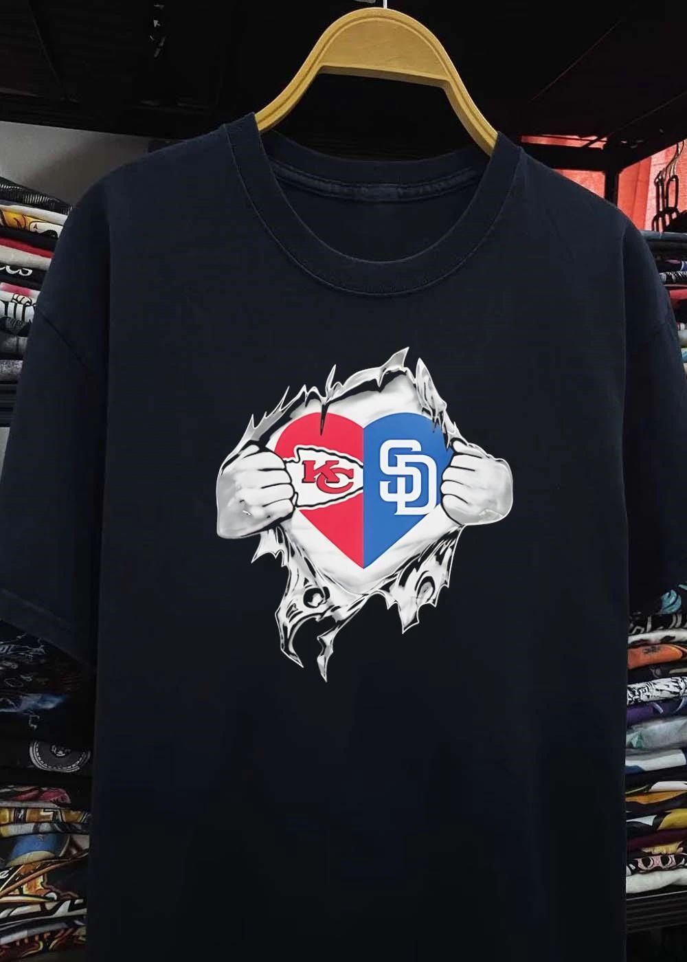 Show Your Fandom Hands Ripping Open Shirt KC Chiefs SD Padres T-Shirt