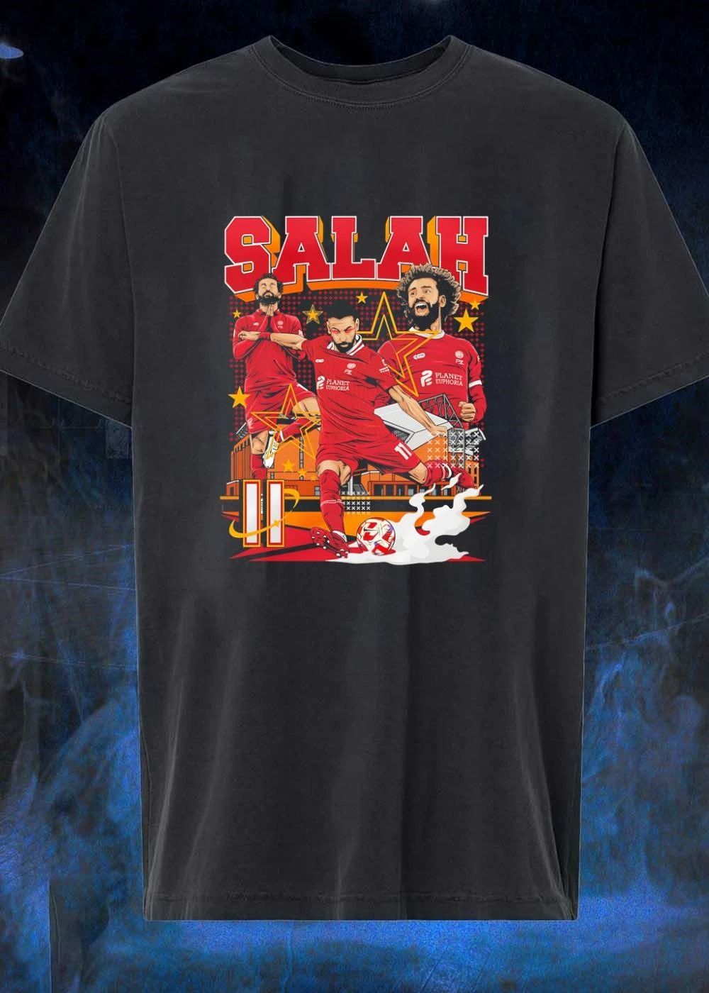 Salah Mohamed Salah Kicking Soccer Ball in Red Jersey Planet Euphoria T-Shirt