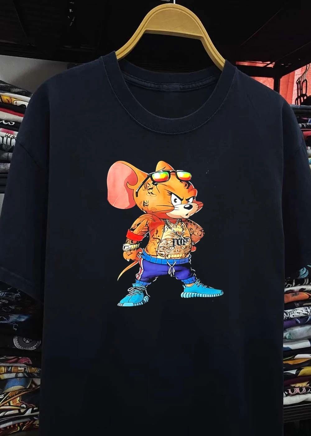 Tattooed mouse wearing sunglasses and jewelry shirt