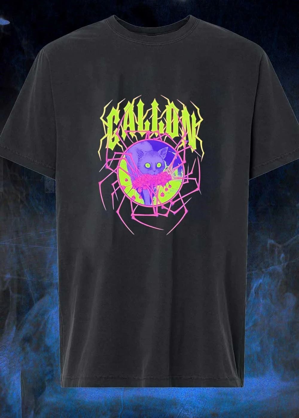 Cat with Flowers Gallon Spider Web Neon Graphic shirt