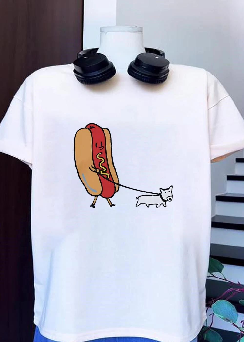 Cute Cartoon Hot Dog Walking A Dog shirt