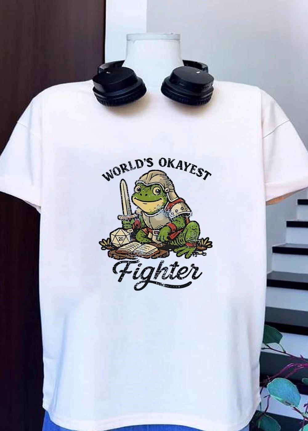 World’s Okayest Fighter Frog D20 Dice and Sword shirt