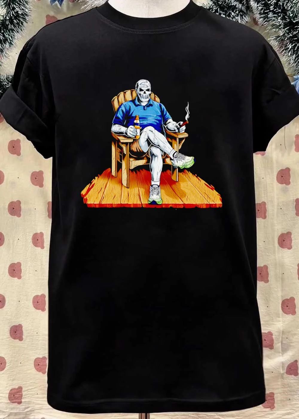 DarthBeards Skull Sitting in a Lawn Chair with Beer and Cigar T-Shirt