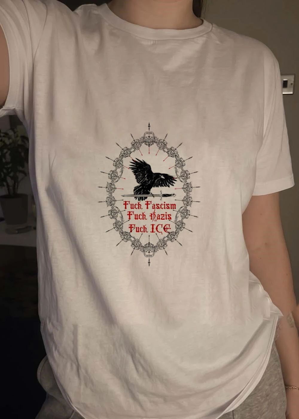 Raven Sword Gothic Art Fuck Fascism Nazis ICE T-Shirt