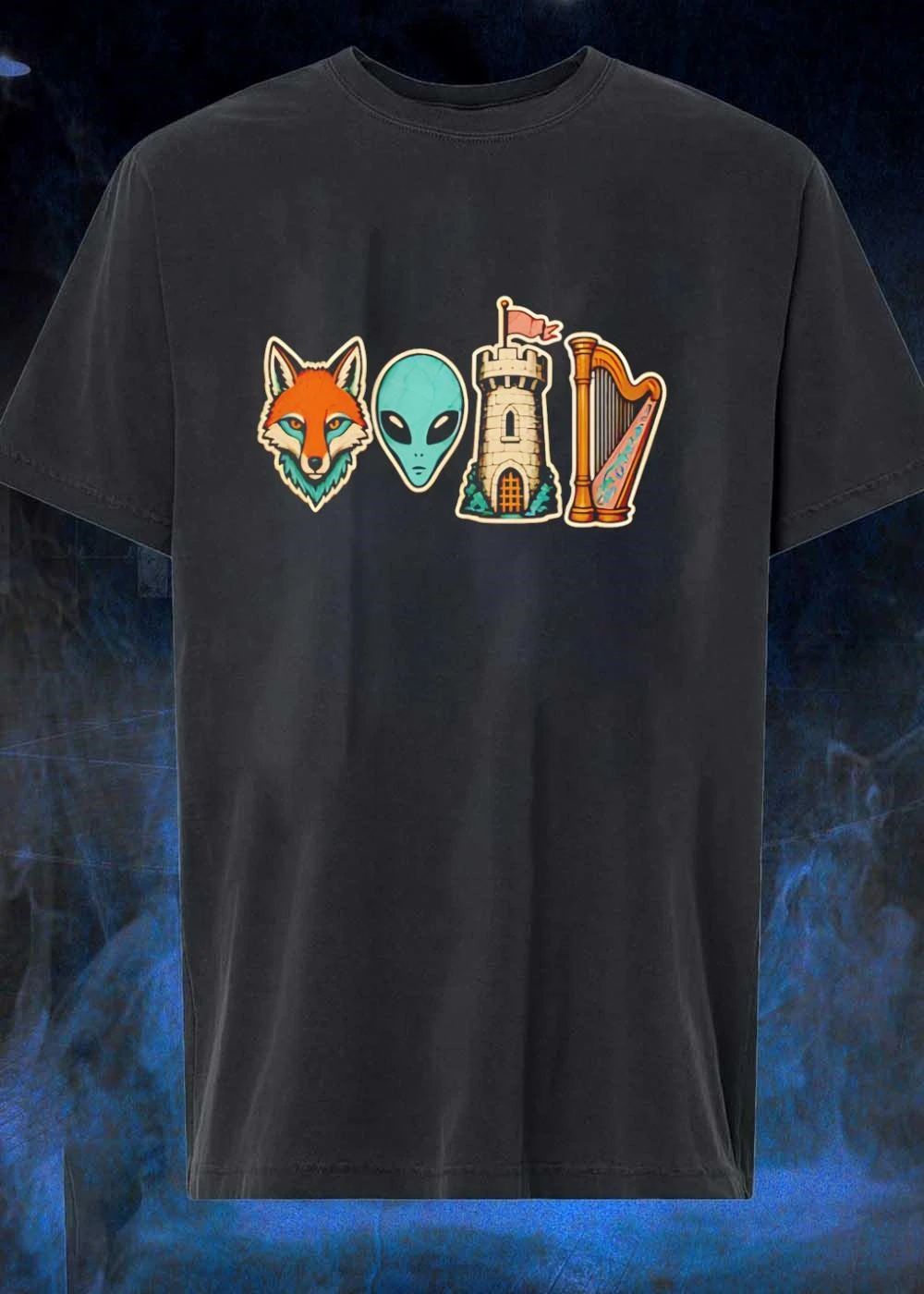 Fox Alien Tower Harp Representing Void T-Shirt