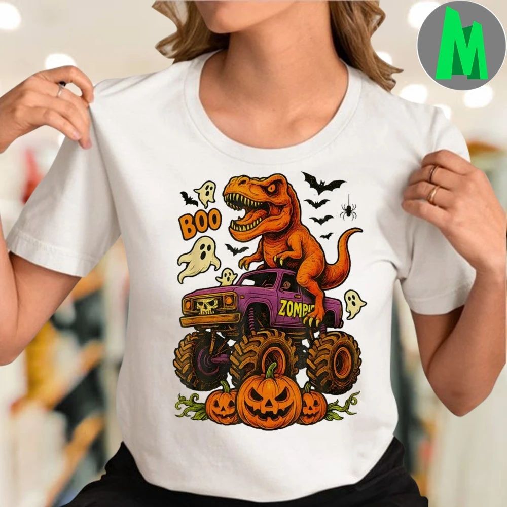 Halloween T Rex Dinosaur Monster Truck Boo Ghost Pumpkin Shirt