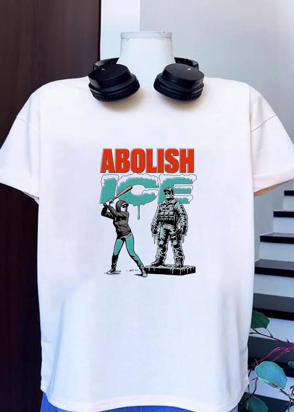 Krime Abolish ICE Woman Baseball Bat Smashing Statue T-Shirt