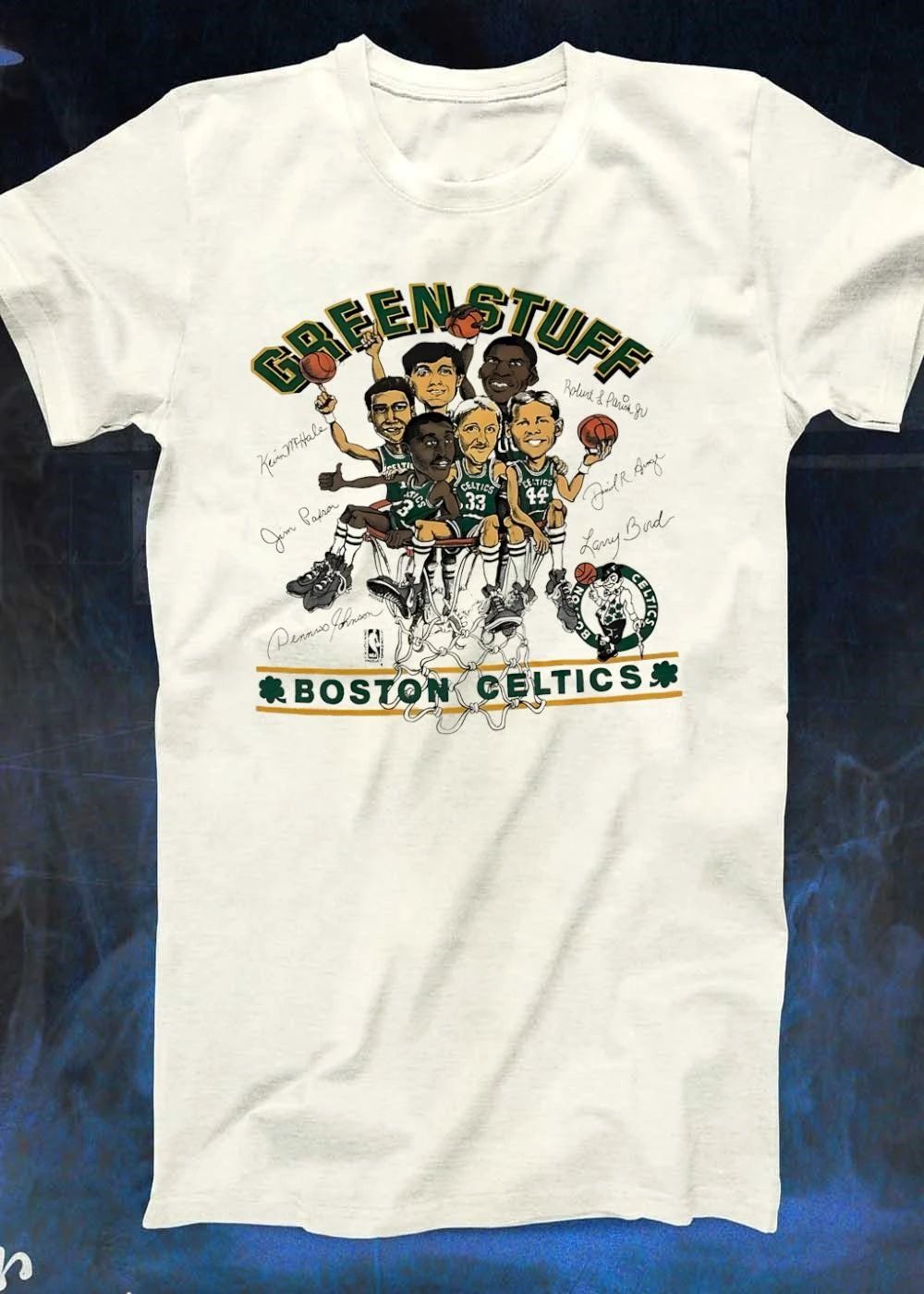 Robert Parish Kevin McHale Jim Paxson Dennis Johnson Larry Bird Danny Ainge Green Stuff Boston Celtics T-Shirt