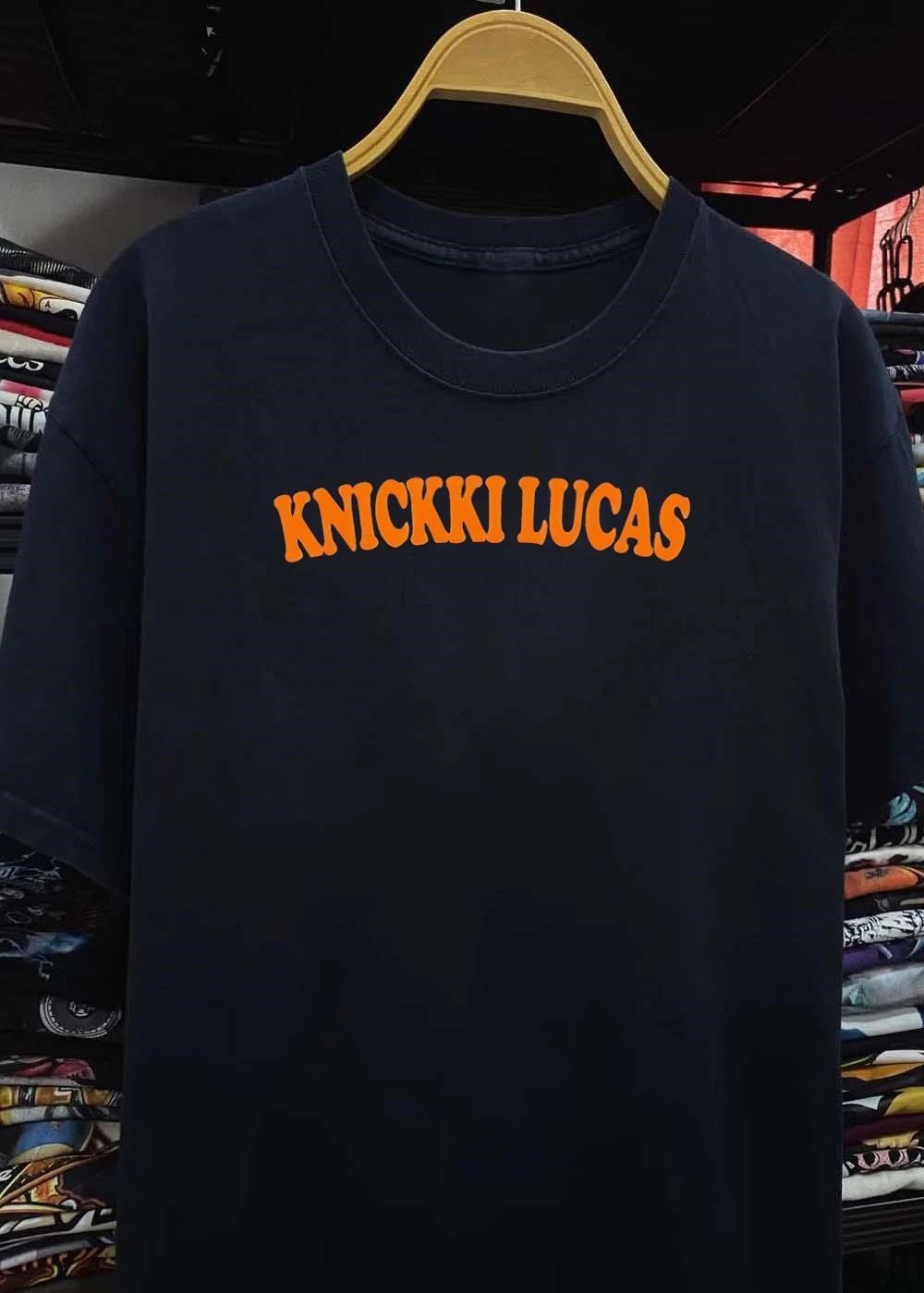 Knickki Lucas Orange Text Blue Short Sleeve Cotton T-Shirt