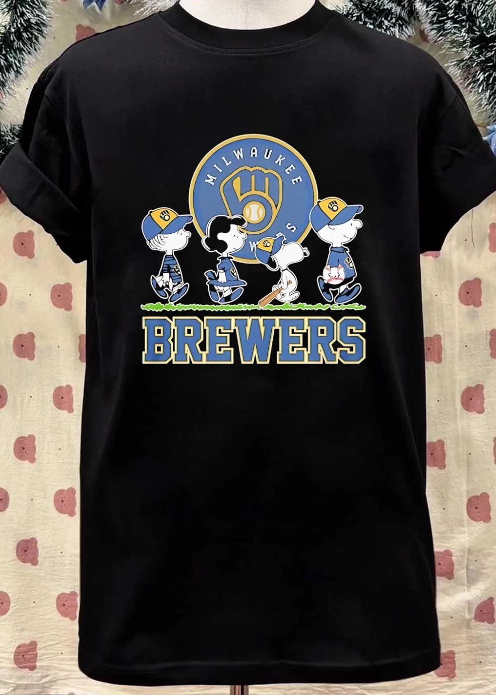 Peanuts Characters Milwaukee Brewers Logo Baseball Graphic T-Shirt